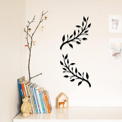 Yuzhuo 2 Pieces Metal Tree Leaf Wall Decor Branch Leaf Wall Art for Home Bedroom Living Room Iron Scroll Above The Bed Decorations (Black, L)