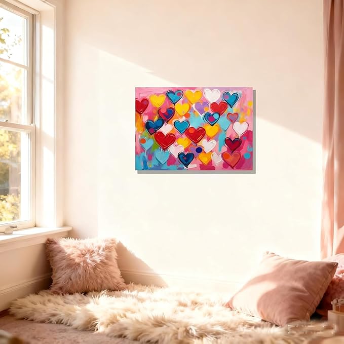 16x24 Graffiti Pink Hearts Canvas Art Wall Modern Abstract Love Painting Colorful Kids Bedroom Decor Photo Teen Girl Rainbow Room Wall Posters Child Gift Bathroom Oil Prints Office Bright Pictures