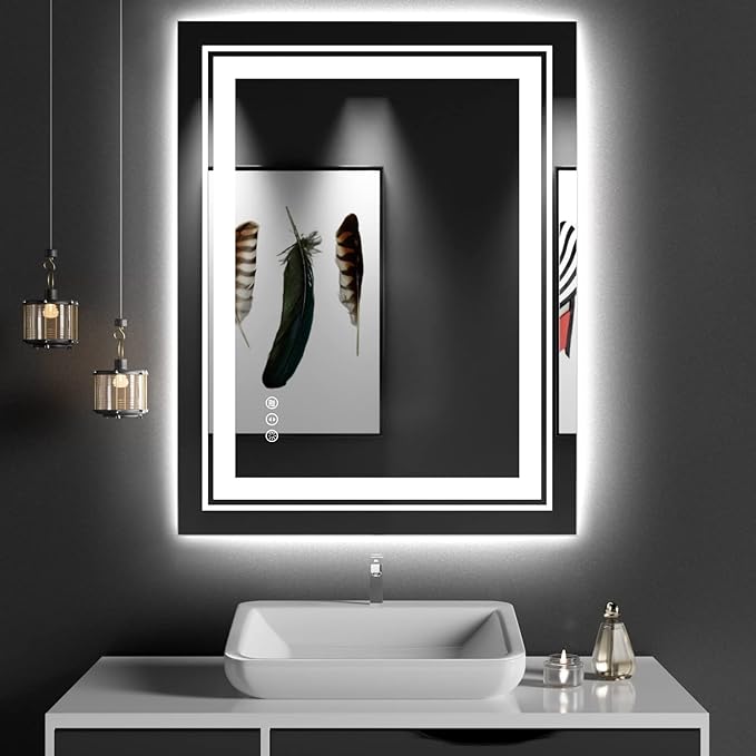 Snowdool 27x35 LED Bathroom Mirror with Front and Backlight, Dimmable Lighted Bathroom Vanity Mirror with Anti-Fog, Memory Function,Tempered Glass(Horizontal/Vertical)