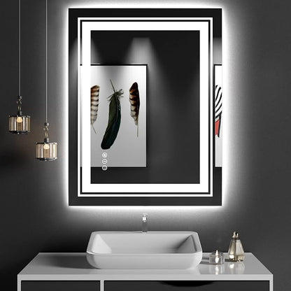 Snowdool 27x35 LED Bathroom Mirror with Front and Backlight, Dimmable Lighted Bathroom Vanity Mirror with Anti-Fog, Memory Function,Tempered Glass(Horizontal/Vertical)