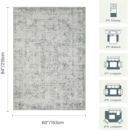 Rugxara 5x7 Area Rugs for Living Room Bedroom, Grey Washable Rug, Vintage Abstract Boho Rug, Non Slip & Low Pile Faux Wool Carpet for Indoor Dining Room and Farmhouse(Grey 5x7ft)