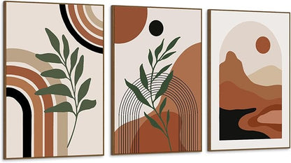 SAFERRYHOME Boho Abstract Wall Art, Mid Century Bohemian Wall Decor Framed Canvas Set of 3, Modern Minimalist Artwork Botanical Painting Prints Pictures for Living Room Bedroom Bathroom, 16x24 inch