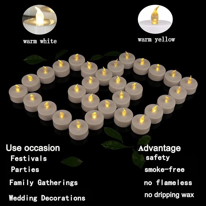 JUNPEI 50Pack Battery Tea Lights Candles- LED Tea Lights Realistic Bright Flickering Holiday Gift Operated Flameless LED Tea Light for Seasonal & Festival Celebration Warm Yellow Lamp Battery Powered