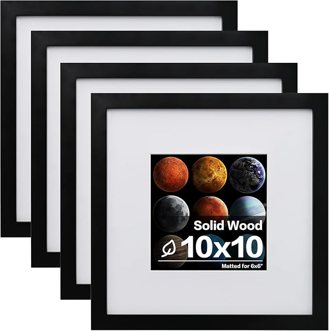 Egofine 10x10 Picture Frames Black,Made of Solid Wood with HD Plexiglass for Pictures 6x6 with Mat or 10x10 without Mat, Tabletop and Wall Mounting Display, Set of 4