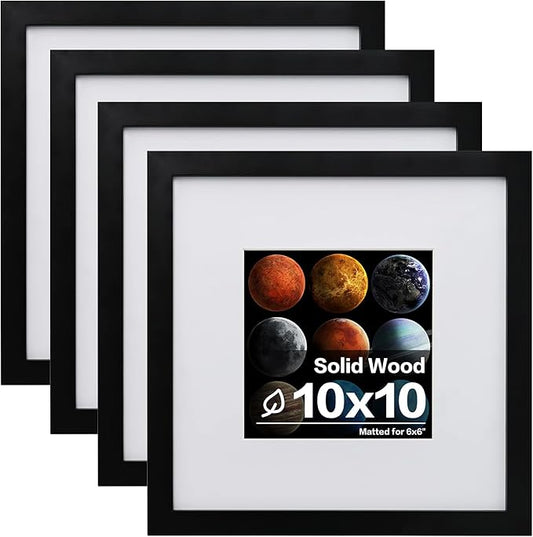 Egofine 10x10 Picture Frames Black,Made of Solid Wood with HD Plexiglass for Pictures 6x6 with Mat or 10x10 without Mat, Tabletop and Wall Mounting Display, Set of 4