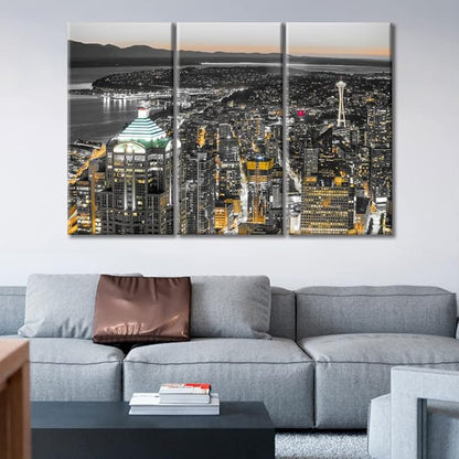 TUMOVO Seattle City Skyline Artwork Wall Decor 3 Piece American Skyscrapers Cityscape Pictures Black and White Wall Art Nighttime Lightscape Posters and Prints Framed Ready to Hang (42" Wx28 H)