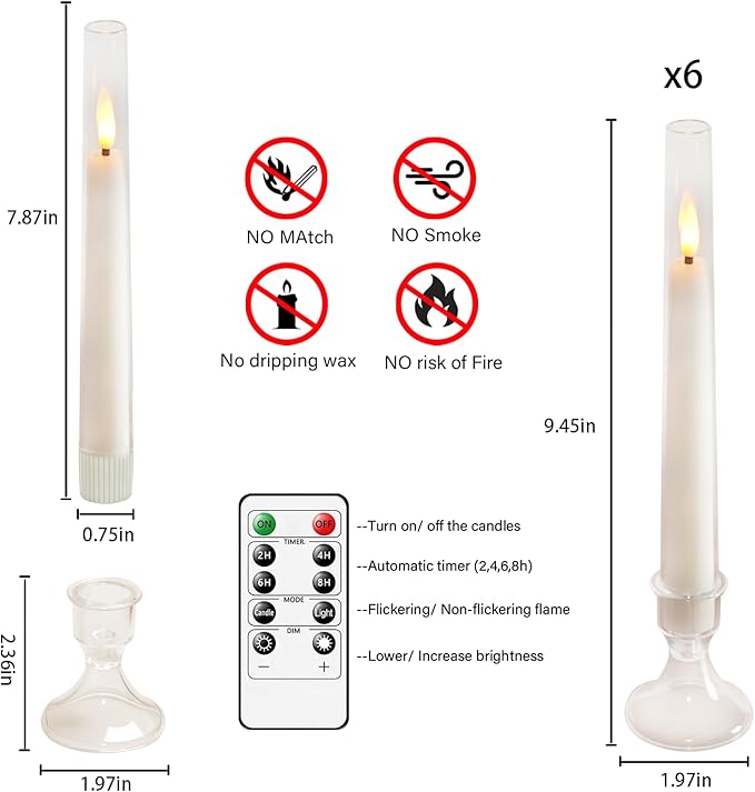 Sasigeiaa Flameless Taper Candles with Remote and Timer - 6 Pack LED Candles, Battery Operated, for Home, Wedding, Party (White)