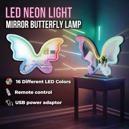 Wireless Express LED Neon Light Mirror Butterfly Lamp w/Remote Control, 16 Color Options, for Kids Room, Bedroom, Living Room, Bedside Table, Desk, Home Decor, Dorm Room