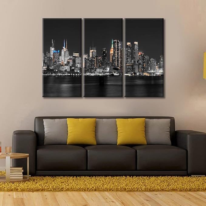 TUMOVO 3 Piece Wall Decor American Cityscape Canvas Paintings for Bedroom, Bathroom, Office. Manhattan Skyscrapers Skyline House Decor Print on Canvas Framed Ready to Hang (42" Wx28 H)