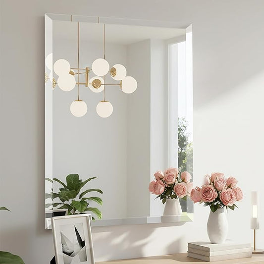 28x36 Inch Rectangle Frameless Mirror, Beveled Bathroom Mirror, Frameless Wall Mirror with 1" Beveled Edge for Bathroom Vanity, Entryway, Living Room