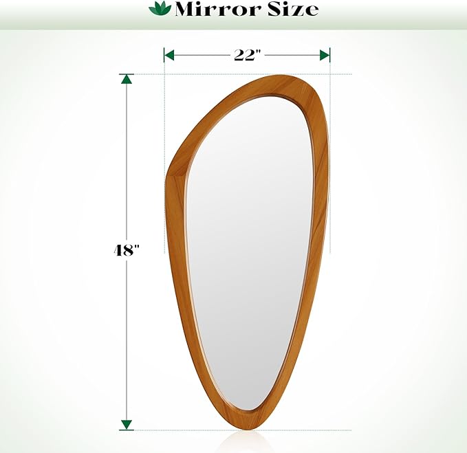 Mid Century Modern Mirror, 22x48 Inch Irregular Wall Mirror, Asymmetrical Wall Mirrors Full Length with Pine Wood Frame for Living Room Bathroom Entryway Hangs Horizontally or Vertically