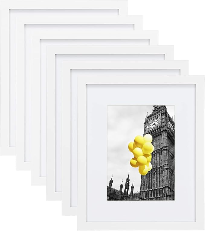 8x10 Picture Frame Set of 6, Display Pictures 5x7 with Mat or 8x10 Without Mat for Tabletop Display and Wall Mounting, White