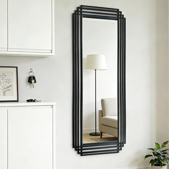 Large Geometric Mirror, 63"x24" Rectangle Art Deco Mirror with Black Metal Frame, Modern Elegant Wall Mirrors for Living Room Bathroom Entryway Hallway, Hangs Vertically or Horizontally