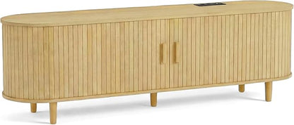 65" Mid Century Modern TV Stand, Wood TV Consoles with Sliding Doors and Power Outlet, Fluted Entertainment Center with Adjustable Shelves, Media Console for Living Room, Oak