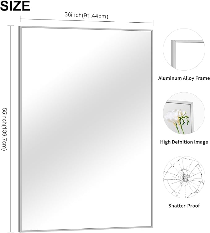 COFENY 36x55 inch Bathroom Mirror, Silver Rectangle Mirror with Thin Metal Frame, Large Rectangular Wall Mirrors for Bathroom, Living Room, Big Mirror Hang Horizontal/Vertical