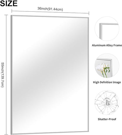 COFENY 36x55 inch Bathroom Mirror, Silver Rectangle Mirror with Thin Metal Frame, Large Rectangular Wall Mirrors for Bathroom, Living Room, Big Mirror Hang Horizontal/Vertical