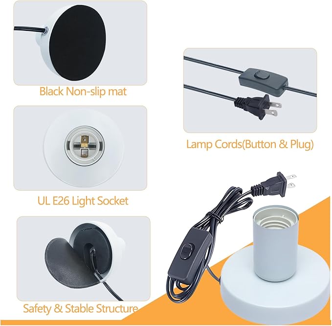 Industrial Table Lamp, Small Polished Metal Desktop Light Socket Base, Vintage E26/E27 Edison Screw Light Bulb Holder, 5.57ft Cord on/Off Switch with US Plug (White Color)