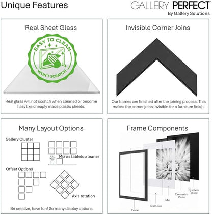 Gallery Perfect 12x12 Picture Frames, 9 Piece Set with Real Glass Cover for 8x8 Photos With Mat, Picture Frames Collage Wall Decor for Gallery Wall, Home Decor, Black