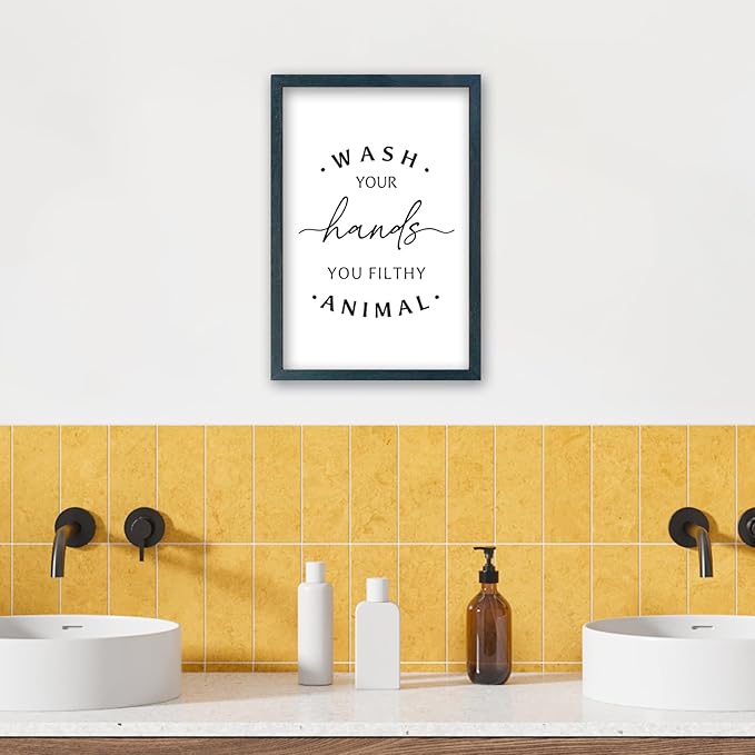 Wash Your Hands Ya Filthy Animal Sign 16"×11" Bathroom Restroom Toilet Laundry Room Humorous Wall Art Decor Funny Quote Washroom for Wood Framed Wall Hanging (Black)