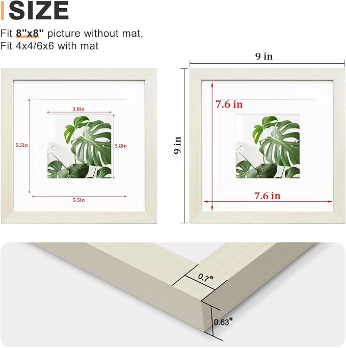 Egofine 8x8 Picture Frames Made of Solid Wood with Plexiglass, Display Pictures 4x4/6x6 with Mat or 8x8 Without Mat Set of 4 for Tabletop and Wall Mounting, Beige