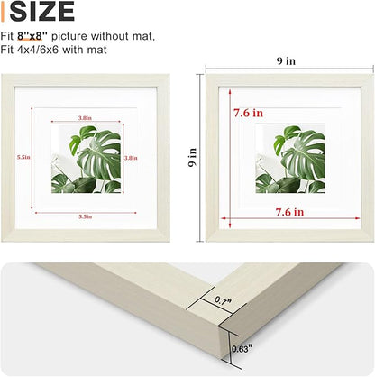 Egofine 8x8 Picture Frames Made of Solid Wood with Plexiglass, Display Pictures 4x4/6x6 with Mat or 8x8 Without Mat Set of 4 for Tabletop and Wall Mounting, Beige