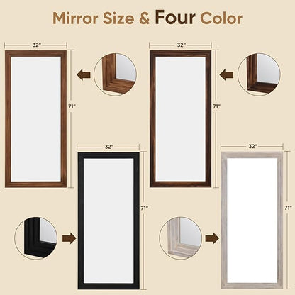 Full Length Mirror, 71"x32" Wooden Mirror Full Length with Stand Wood Floor Mirror, Oversized Stand Up Mirrors Large Wall Mirrors, Wall Mounted Mirrors, Rect Wood Style, Black