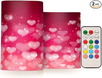 ALAZA Hearts Pink Background Flickering Flameless Candles Battery Operated with Remote Timer,Tea Light Candles LED Pillar Votive Candles Set of 2 for Outdoor Indoor Decorations