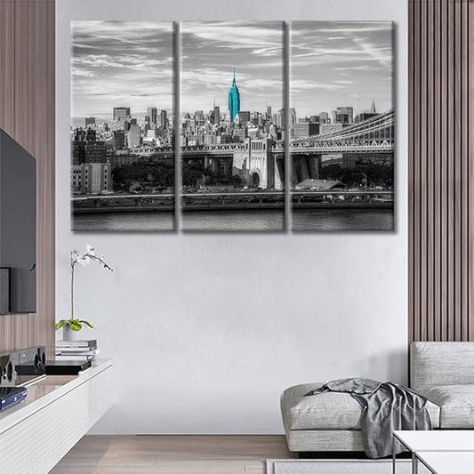 TUMOVO 3 Panels New York USA Downtown Skyline Modern Home Decor Skyscrapers City Skyline Pictures Canvas Wall Art for Bedroom, Living Room, Office. Framed Ready to Hang (60" Wx40 H)