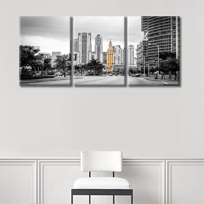 TUMOVO American Cityscape Canvas Wall Art Miami USA Downtown City Skyline Artwork Pictures Black and White Wall Art 3 Panel Posters and Prints Framed Ready to Hang (36" Wx16 H)