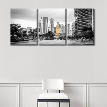TUMOVO American Cityscape Canvas Wall Art Miami USA Downtown City Skyline Artwork Pictures Black and White Wall Art 3 Panel Posters and Prints Framed Ready to Hang (36" Wx16 H)