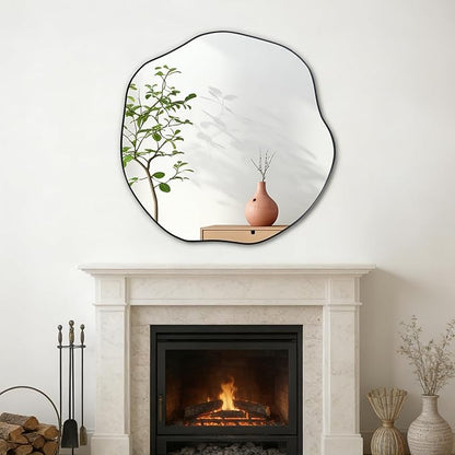 POZINO Irregular Mirror, 35" Large Asymmetrical Circle Mirrors, Black Scalloped Rounded Mirror, Modern Frameless Abstract Mirrors for Living Room Bedroom Bathroom Entryway Hallway Fireplace