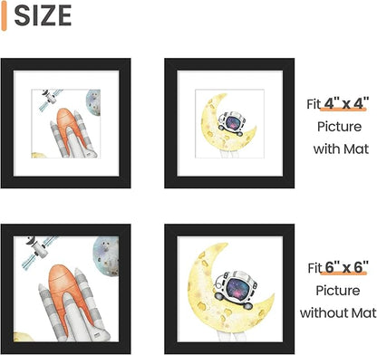 upsimples 6x6 Picture Frame Set of 3, Made of High Definition Glass for 4x4 with Mat or 6x6 Without Mat, Wall and Tabletop Display Photo Frames, Black
