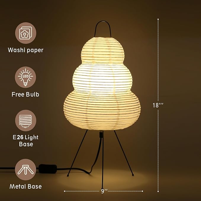 Japanese Noguchi Inspired Table Lamp Zen Rice Paper Lantern with Warm Light for Bedroom Living Room or Office Modern Japandi Decor(Segment)