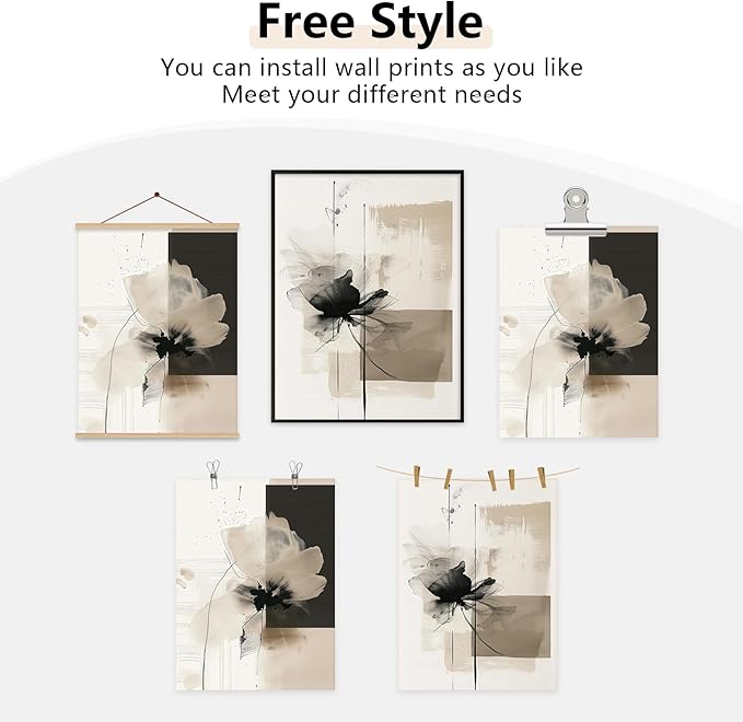 Modern Abstract Floral Wall Art Minimalist Neutral Canvas Painting Decor Beige Cream And Black Wall Art Contemporary Flower Picture Prints for Living Room Bedroom 16x24 Inch Unframed Set of 2