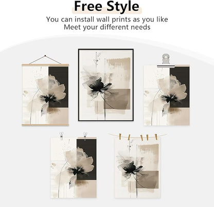 Modern Abstract Floral Wall Art Minimalist Neutral Canvas Painting Decor Beige Cream And Black Wall Art Contemporary Flower Picture Prints for Living Room Bedroom 16x24 Inch Unframed Set of 2