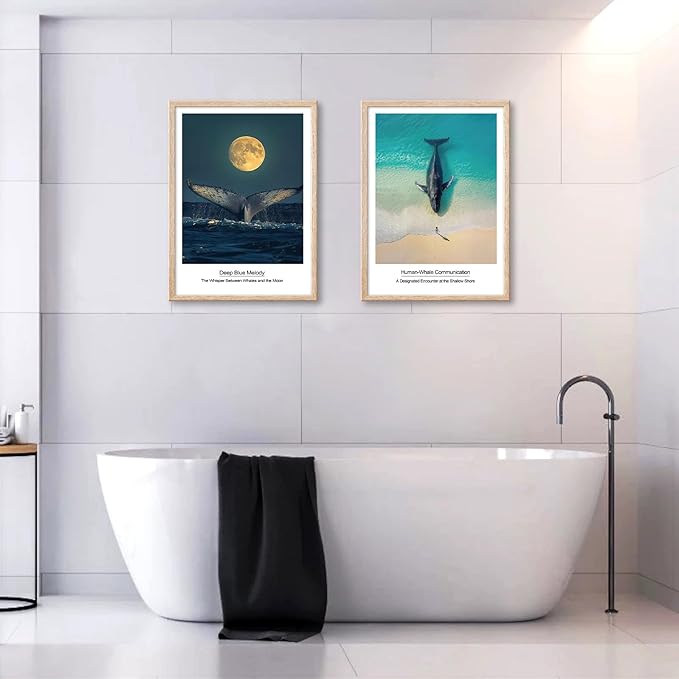 Framed Nautical Bathroom Wall Art Decor Blue Coastal Ocean Landscape Painting Print Artwork Whale Tail on Surface Picture for Modern Bedroom Kitchen Kids Room Home Decor 12"x16"x2 Pcs