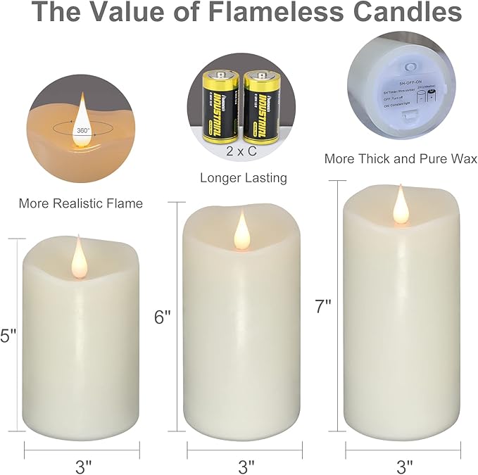 TECHLONG Flickering Flameless Candles with 3D Moving Flame Set of 3(H 5" 6" 7" x D 3"), Last 1000+ Hours Battery Operated Candles with Remote Timer, Ivory Real Wax Electric LED Pillar Candles