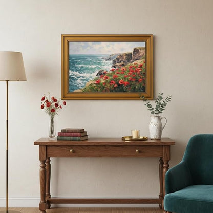 Vintage Gold Framed Coastal Wildflowers Canvas Wall Art, Cliff Landscape Poster Print Artwork, Nature Ocean Wave Painting Picture Wall Decor, for Living Room, Bedroom, Home Decoration, 9x11in