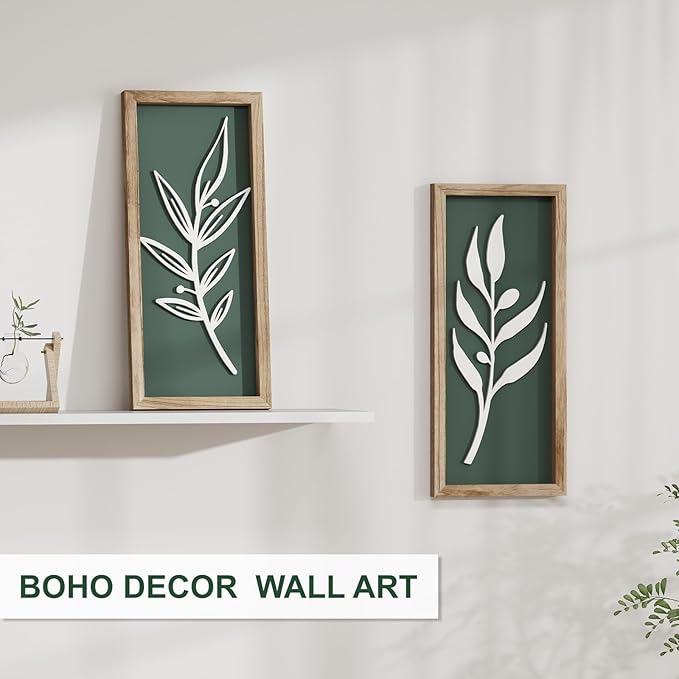 3D Wooden Leaf Sage Green Boho Wall Art (Set of 2) Lightweight, Vintage Framed Bathroom Botanical Wall Art for Bedroom, Living Room, Kitchen,Office and Hallway Decorations