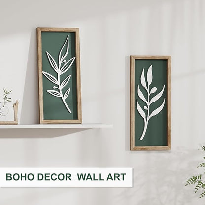 3D Wooden Leaf Sage Green Boho Wall Art (Set of 2) Lightweight, Vintage Framed Bathroom Botanical Wall Art for Bedroom, Living Room, Kitchen,Office and Hallway Decorations