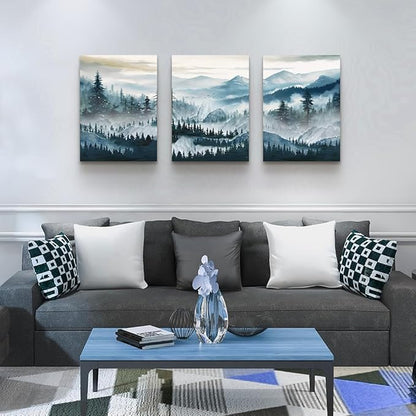 MHARTK66 Wall Art for Bedroom,Mountain Landscape Wall Decor,Large Foggy Forest Artwork for Walls, 3 Piece Nature Paintings Prints for Living Room Hallway Office Kitchen Home Decorations, 12x16 Inch