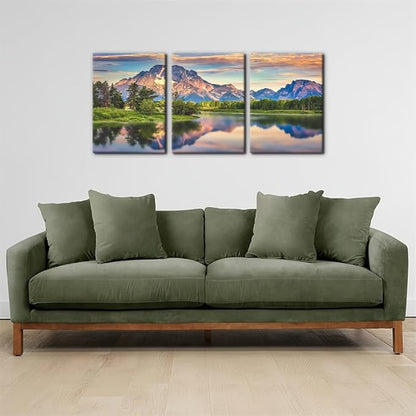 Pacimo Nature Canvas Wall Art Sunset Sunrise Mountain Pictures Grand Teton National Park Canvas Print River Forest Landscape Artwork for Living Room Bedroom Home Office Wall Decoration - 12"x16"x3