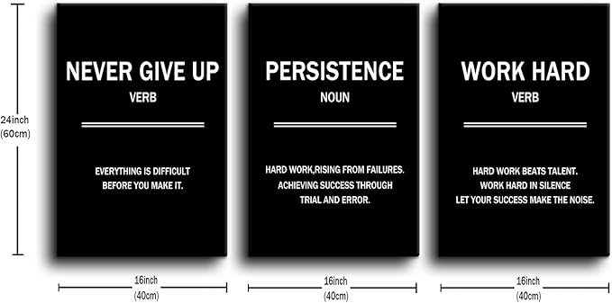 3 Pieces Motivational Canvas Wall Art Never Give Up Persistence Work Hard Success Quotes Inspirational Signs Posters Print for Home Bedroom Teens Room Gym Stretched and Framed [48''W x 24''H]