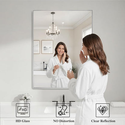 Koonmi Silver Rectangle Wall Mirror, 30x36 Inch Bathroom Mirror, Aluminum Frame Vanity Mirror for Entryway, Living Room, Bedroom Bathroom, Hangs Horizontally or Vertically