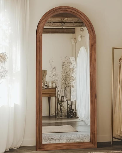 Full Length Mirror, 71"x32" Wooden Mirror Full Length with Stand Wood Floor Mirror, Oversized Stand Up Mirrors Large Wall Mirrors, Wall Mounted Mirrors, Arched Wood Style, Brown