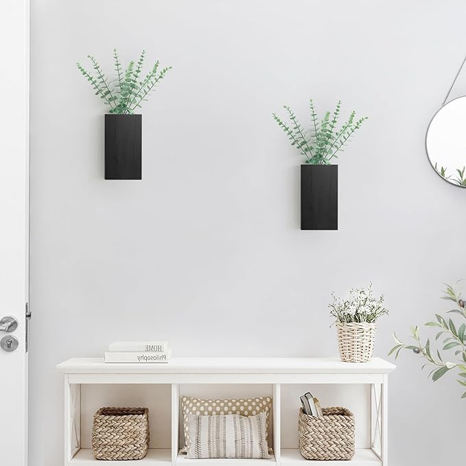 Dahey 2 Pack Wood Wall Planter Vase with Artificial Eucalyptus Farmhouse Wall Hanging Decor Pocket Planter for Indoor Fake Plants Greenery, Living Room Bedroom Kitchen Home Office Decoration, Black