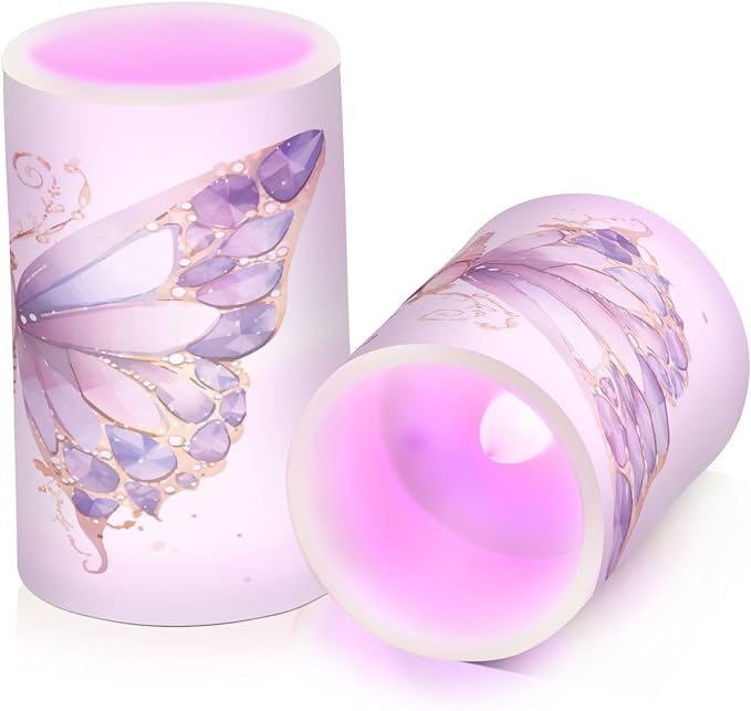 ALAZA Purple Butterflies Flickering Flameless Candles Battery Operated with Remote Timer,Tea Light Candles LED Pillar Votive Candles Set of 2 for Outdoor Indoor Decorations