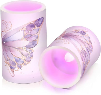 ALAZA Purple Butterflies Flickering Flameless Candles Battery Operated with Remote Timer,Tea Light Candles LED Pillar Votive Candles Set of 2 for Outdoor Indoor Decorations