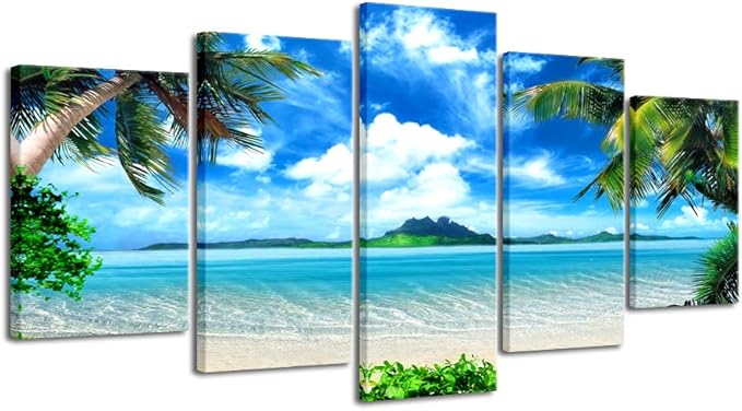 Pyradecor Modern 5 Piece Canvas Prints Artwork Contemporary Landscape Blue Sea Beach Pictures Paintings on Canvas Wall Art for Living Room Home Decorations Extra Large