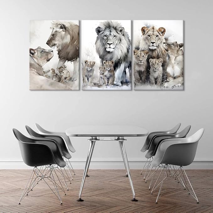 Animal Canvas Paintings Lion Family Portrait Pictures Wall Decor Modern 3 Piece Lion Poster Wall Art Living Room Bedroom Home Office Decorations, Framed 60”W x 28”H